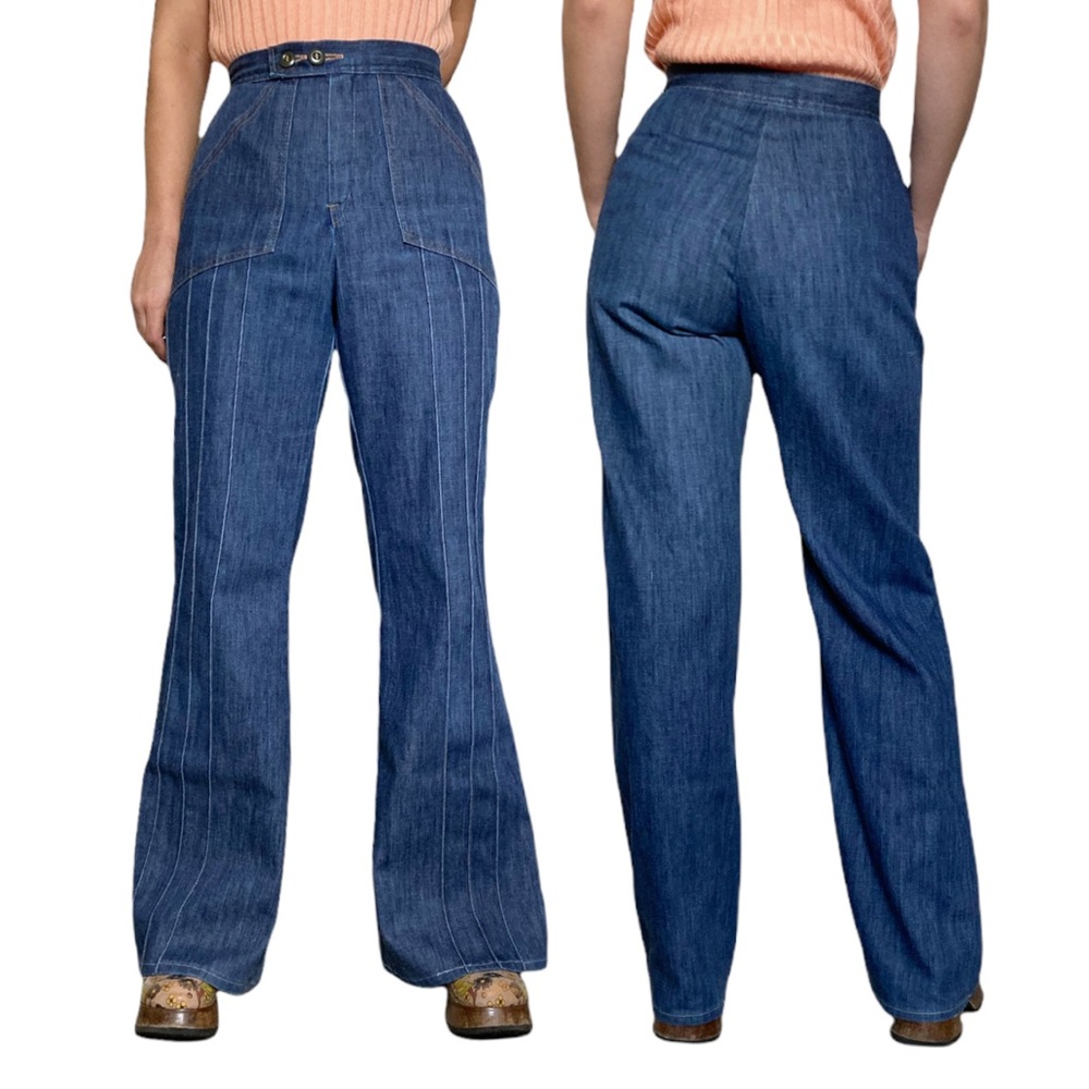 Vintage 70s Bell Bottom Jeans with Accent Stitching High Waisted Talon Zipper
